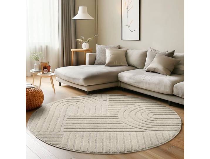 Tapis rond pour salon chambre tapis de cuisine beige style bohème scandinave 3D taille : 200 cm de diamètre