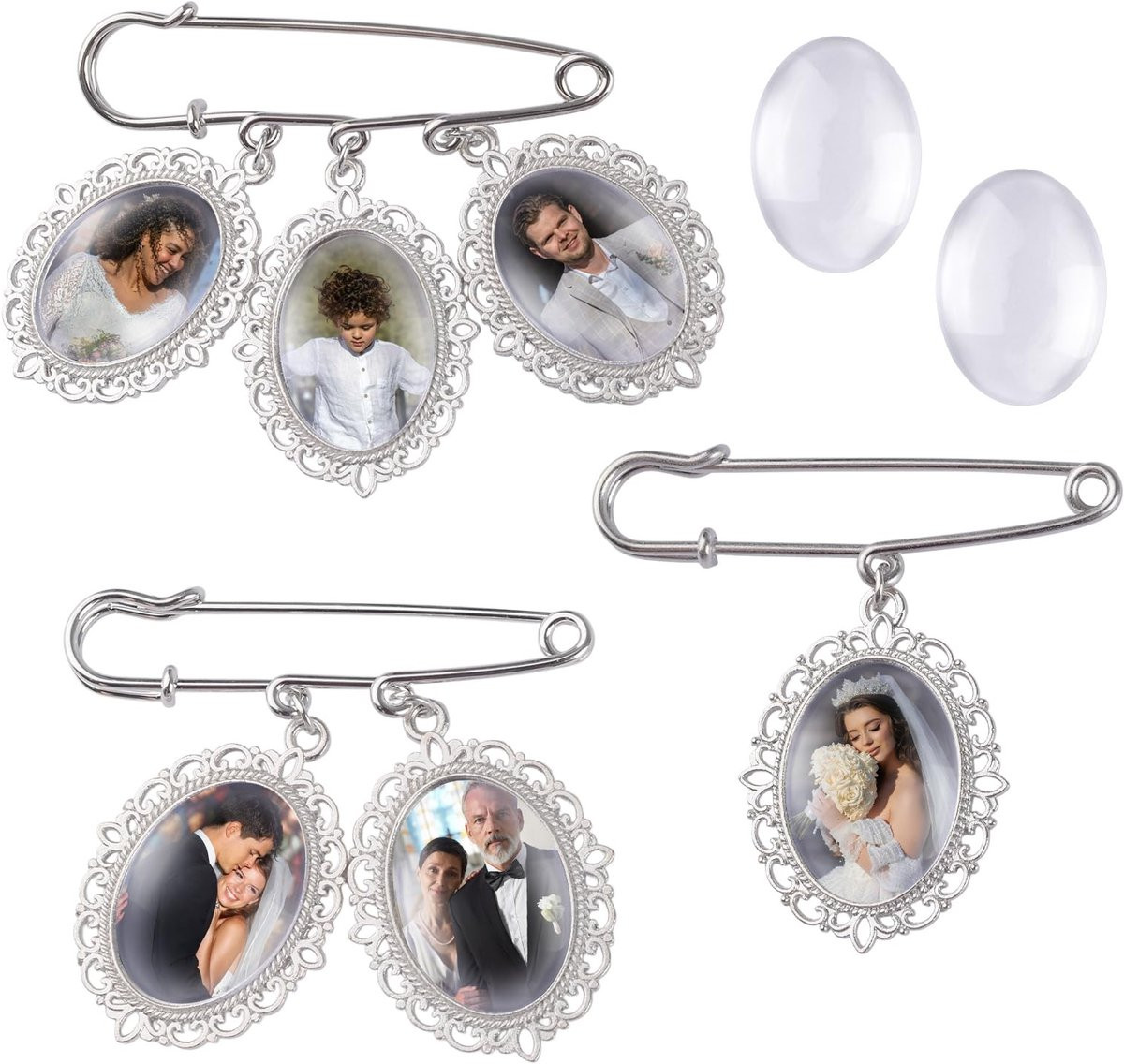 MTTproducts Foto Charm Set van 3 stuks - Zilveren Bruiloft Boeket Broche - Persoonlijk Aandenken van Zilverlegering