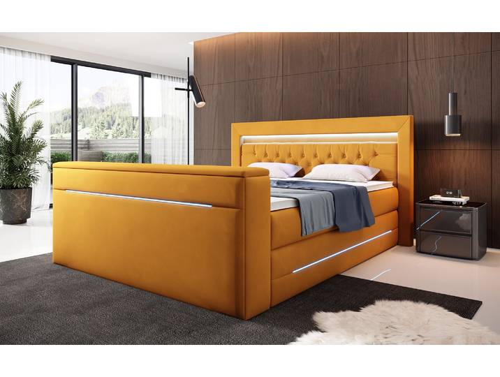 Boxspringbett Pluto mit TV Lift, RGB und Stauraum - 160x200 - Amber - H4 (100kg+) - Luxusbetten24