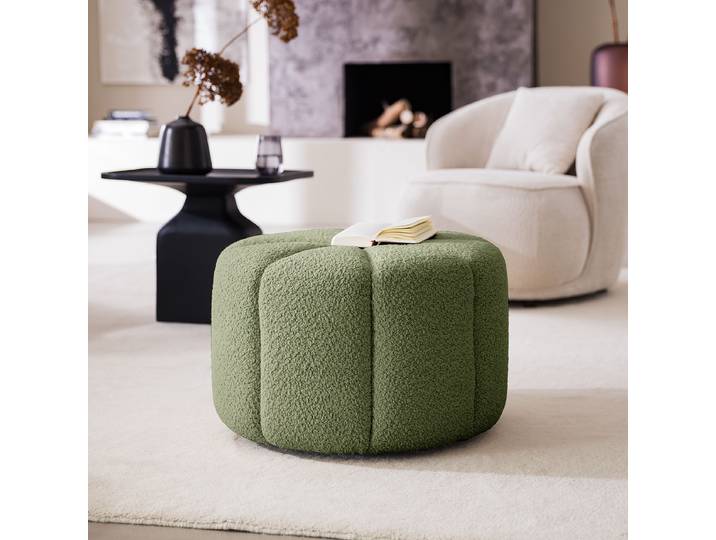 Pouf FORA 60 x 37 x 60cm Grün Teddy-Bouclé Stoff Bony: Moosgrün
