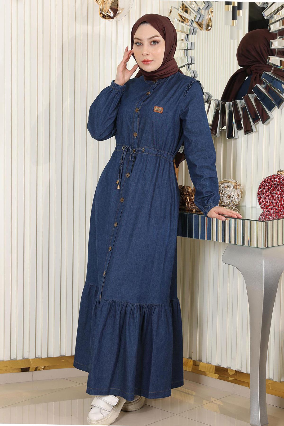 Gebonden taille Geknopt Denim Jurk Donkerblauw