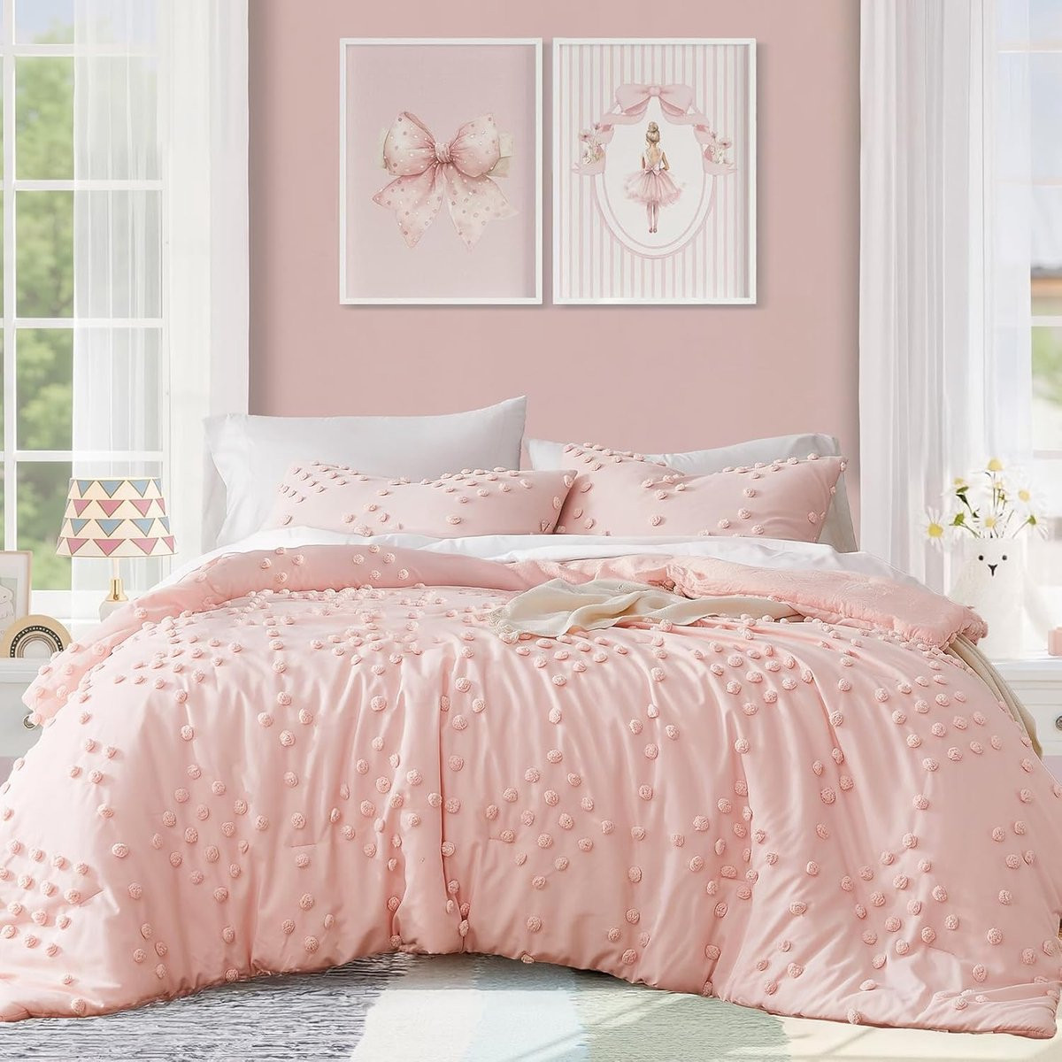 Roze Queen Dekbedset met Pompon en Boho Patroon - 8-delig Beddengoed voor Alle Seizoenen