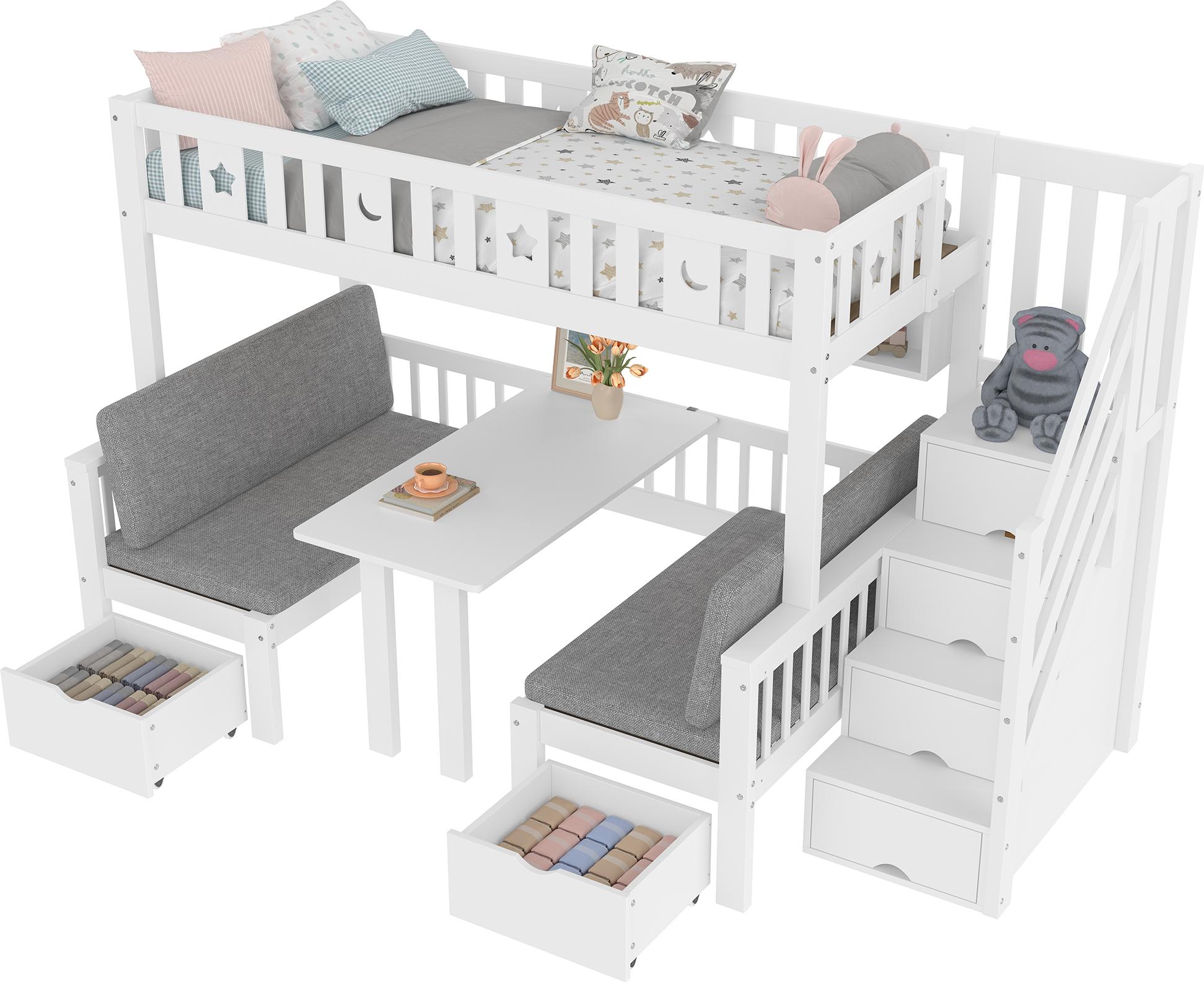 Etagenbett mit Sitzbänken und Tisch, 90x200cm/120x200cm, umbaubar zur zwei Schlafgelegenheiten, Kinderbett mit Rausfallschutz und Stauraum