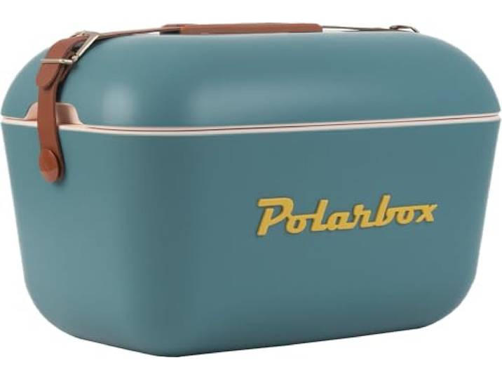 Polarbox Klassische Kühlbox mit Lederband, 20 l, Blau & Marine Rose, starre, wärmeisolierte Eisbox für Strand, Picknick und Party, umwandelbarer Deckel und Polypropylen-Isolierung