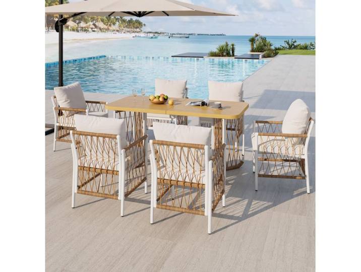 WOVREO Ensemble table et chaises de jardin 1 table 6 chaises coussins inclus aspect bois beige marron naturel