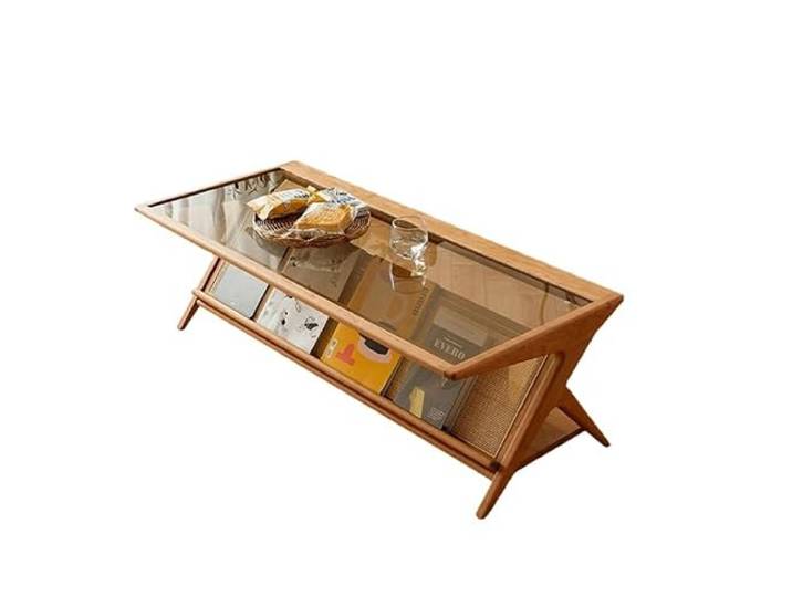 ksjdieunf Couchtisch Nordic Rattan Holz Tee Tisch Kann Bücher Halten Doppel-Schicht Rechteckigen Kaffee Glas Desktop Kleine Tische for Wohnzimmer(90CM*55CM*40CM)
