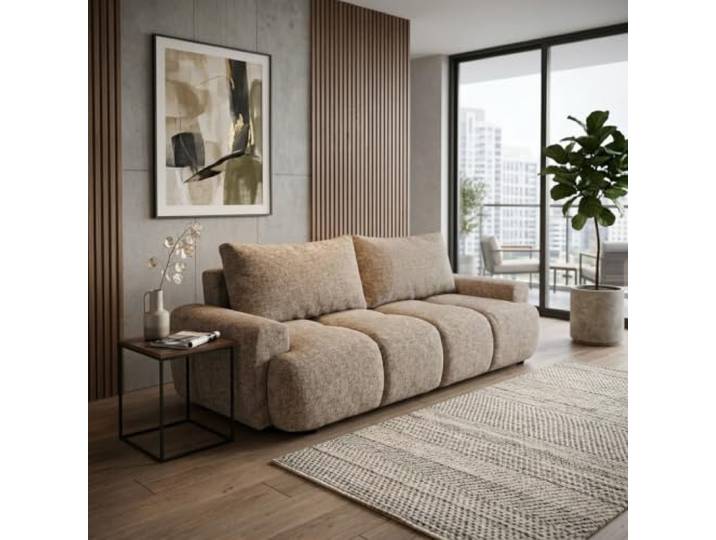 Mebligo Modernes Schlafsofa BALIMO 3-Sitzer mit Bettkasten und DL-Automat, Sofa mit Schlaffunktion fürs Wohnzimmer, Chenillestoff, Hellbraun