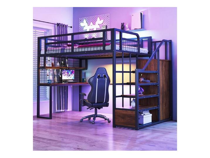 LuxusKollektion Hochbett Metall-Hochbett 140x200 Schwarz Aufbewahrung Tisch Netzregal (1-St)