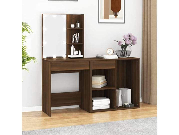 NEW 2026  Coiffeuse à LED moderne pour Femme avec armoire Chêne marron Bois d'ingénierie 60x40x140 cm L4401