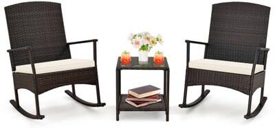 Costway 3 Piece Patio Rocking Set Wicker Rocking Chairs with 2-Tier Coffee Table-Off White