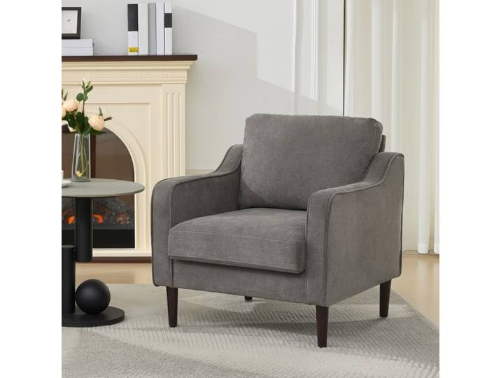 KOIOPLIE Fauteuil design mid-century moderne en lin beige chaise salon confortable dossier haut assise mousse pieds bois - Gris