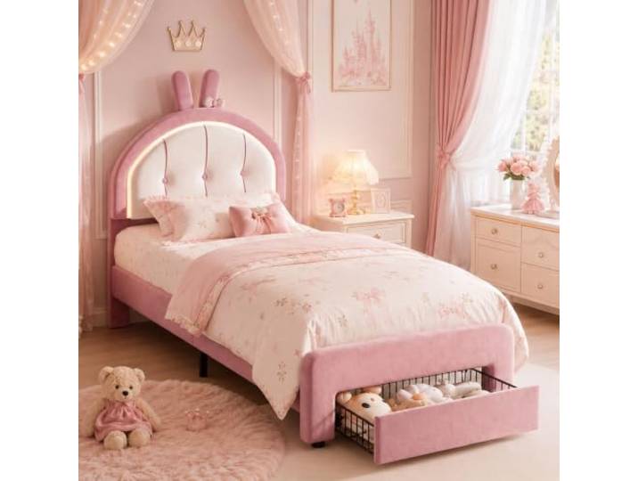 Kinderbett 90x200cm mit LED, Polsterbett mit Schublade,Hasen-Kopfteil,Samt höhenverstellbares Kopfteil für 20–25 cm Matratzen, 150 kg belastbar, stabile Metall-Holz-Konstruktion