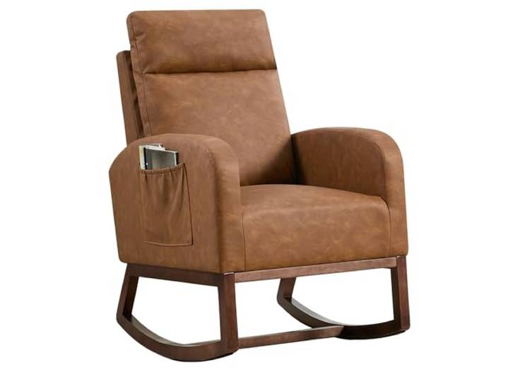 Relax Schaukelstuhl mit hohe rückenlehne & Seitentaschez, Schaukelstuhl wohnzimmer aus Holzbeinen,Relaxstuhl,Leder schaukelsessel mit Armlehne für Wohnzimmer, Schlafzimmer,Büro,90x63.5x105cm(Braun)