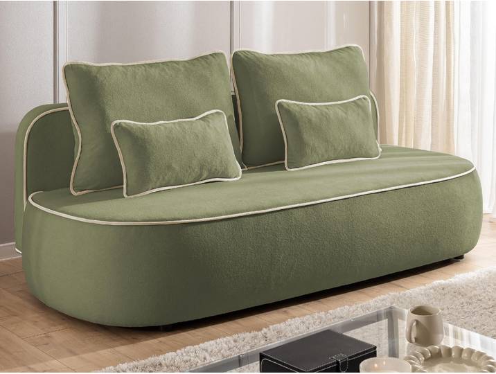 Vero - Modernes und abgerundetes 3-Sitzer-Schlafsofa mit Bettkasten aus Olivgrün Plüschstoff mit beiger Paspel