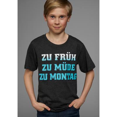 T-Shirt KIDSWORLD "Mit Spruch: ZU FRÜH, ZU MÜDE...", Jungen, Gr. 176/182, grau (anthrazit), Jersey, Obermaterial: 60% Baumwolle, 40% Polyester, meliert, Basic, Basic, Rundhals, Shirts T-Shirt, Kurzarm, Basic-Passform, mit stylischem Print,...