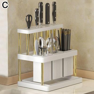 ModernMart Nordic Bamboo Utensil Holder With Drain Tray And Multi Slot Kitchen Organizer white Gold