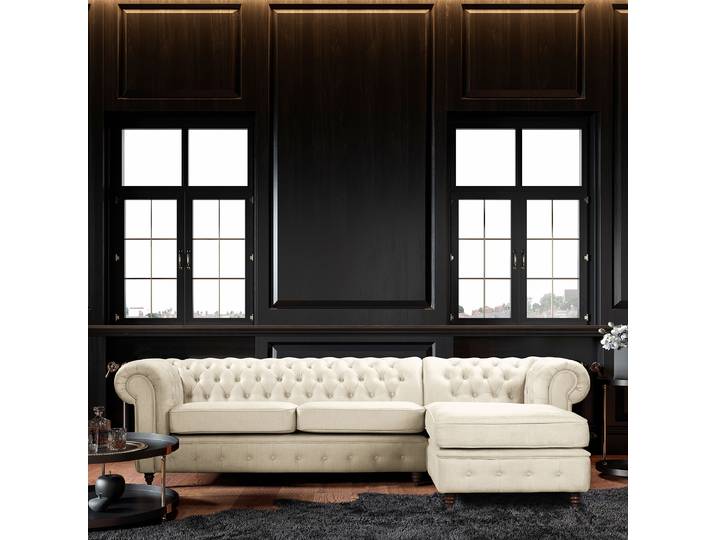 Ecksofa mit Ottomane Beige Microfaser Valeria 284 x 74 x 182cm Ottomane davorstehend links Schlaffunktion für dauerhafte Nutzung Glamour