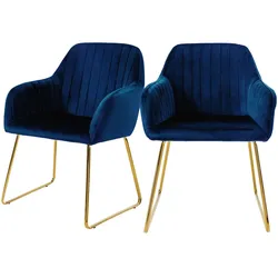 ML-Design – Esszimmerstühle 2er Set Blau | Samt Sitzfläche, Rücken- & Armlehnen, Goldbeine, ergonomische Küchen- & Esszimmerstühle