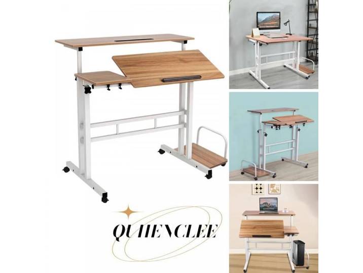 Bureau informatique - Inclinable de 0° à 180° - Bureau mobile - 102*60*67-115cm- Chêne ancien- QUIIENCLEE