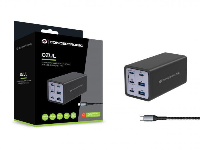 Conceptronic OZUL06BE 6-Port 200W GaN USB PD Charger mit USB-C Netzteil