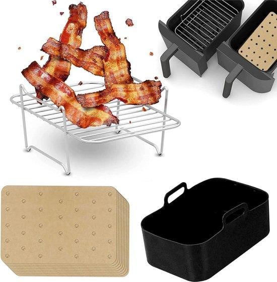 Set van 2 herbruikbare zwarte siliconen airfryer accessoires: vierkante luchtmand en siliconenmat
