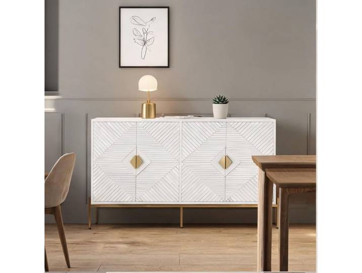 Buffet bas blanc MDF 162x40x80 cm design géométrique moderne pour salon ou entrée