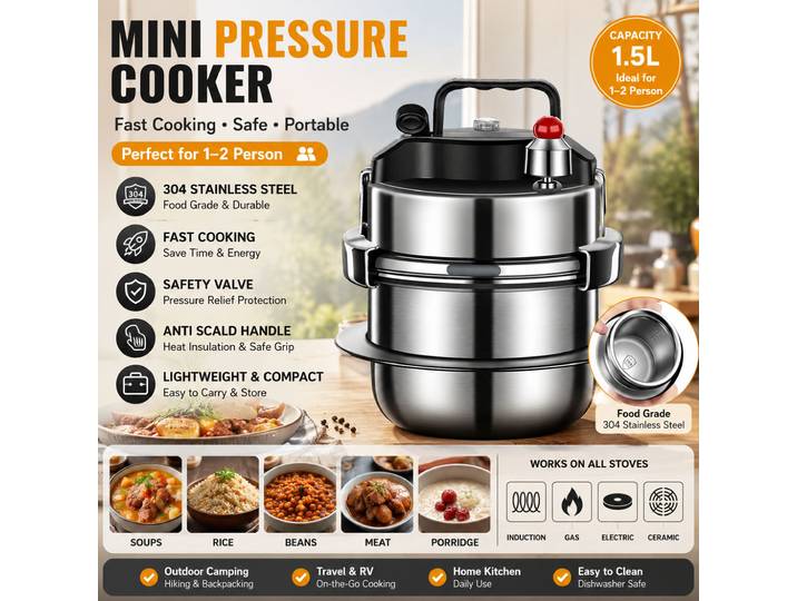 Mini autocuiseur portable en acier inoxydable 304, petite capacité, cuisson rapide, léger et compact, avec soupape de sécurité et poignée anti-brûlure, pour camping, randonnée, voyage, camping-car,