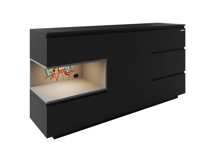 Minecraft Sideboard, Schwarz, 5 Schublade(n) Schubladen, 160x80x40 cm, Beleuchtung, Kleinmöbel, Kommoden, Sideboards