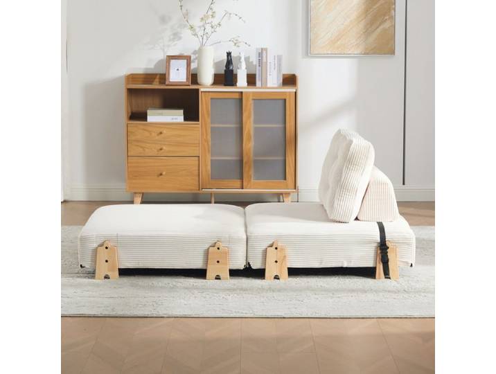 Fauteuil convertible 1 place AESVAR scandinave moderne en cord beige convertible en lit pieds bois