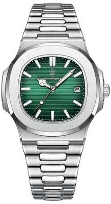 Youfap Market Luxury Brand Men Quartz Wristwatch, Stainless Steel Waterproof Luminous Date, Square Business Watch For Men silver Green