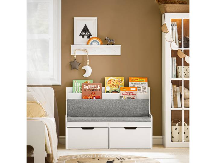Sobuy Kmb66-W : banc pour enfants avec étagère, coffre de rangement pour jouets, boîte de rangement avec roulettes, banc à chaussures avec coussin d'assise.