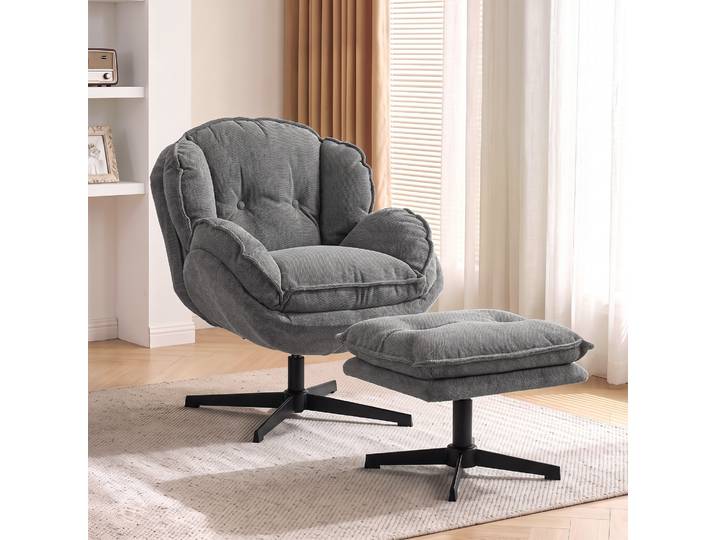 HOMCOM Fauteuil Pivotant 360° Repose-pieds Chenille Gris