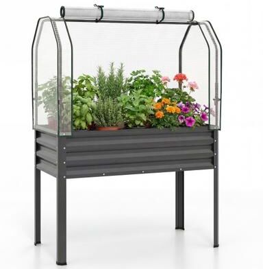 Costway Galvanized Raised Garden Bed with Legs and Greenhouse Cover for Vegetable Flower-Gray