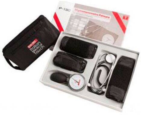 Kit: Tensiómetro anaeroide metálico + fonendoscopio alumínio, um sino + 3 braçadeiras (criança, adulto e obeso) P-130