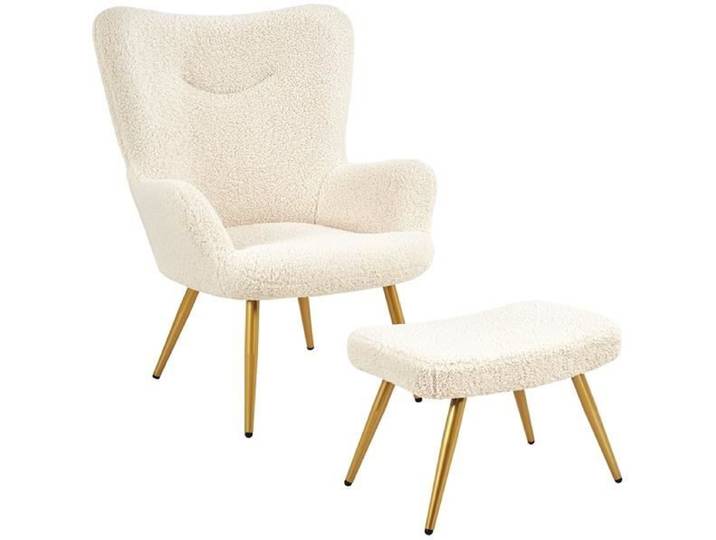 Fauteuil Scandinave à Oreilles avec Tabouret en Tissu Bouclette Fauteuil de Salon et Télévision 67 5 × 70 × 97 5 cm Blanc YAHEETECH