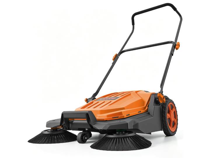 VEVOR\, aspirateur manuel\, balai-aspirateur avec une largeur de travail de 650 mm\, un réservoir de 18\,9 litres et une poignée réglable\, machine de nettoyage pour sols\, idéale pour les cours\, les allées\, les terrasses et les garages – Orange