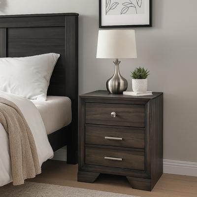 Benjara Jeni Nightstand, 3 Drawers, Chrome Metal Handles, Rustic Dark Gray