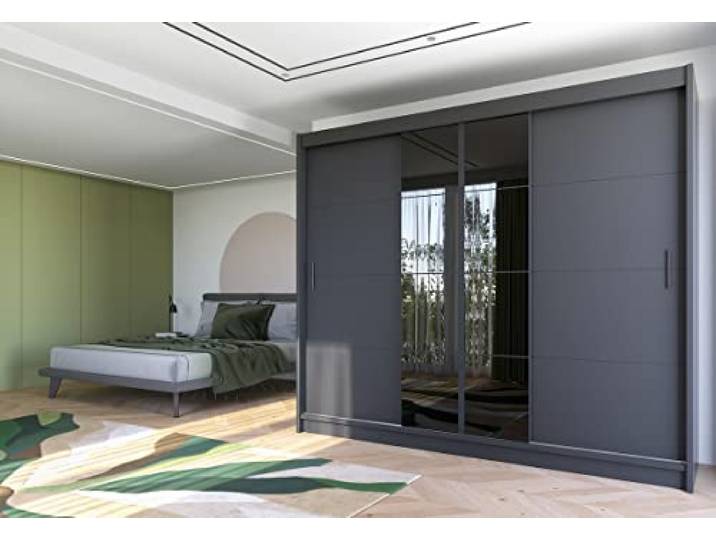Kleiderschrank Porto II mit Spiegel 250 cm, Schwebetürenschrank, Garderobeschrank Schlafzimmer; Wohnzimmerschrank; Korpus Schrank Farbe: Graphit; Farbe der Schrankfront: Graphit; Mehrzweckschrank