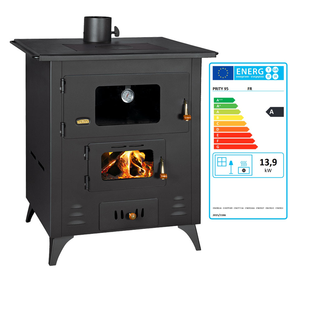 Prity FR Holzherd 13,9 kW mit großem Backofen & Thermometer, Metallplatte