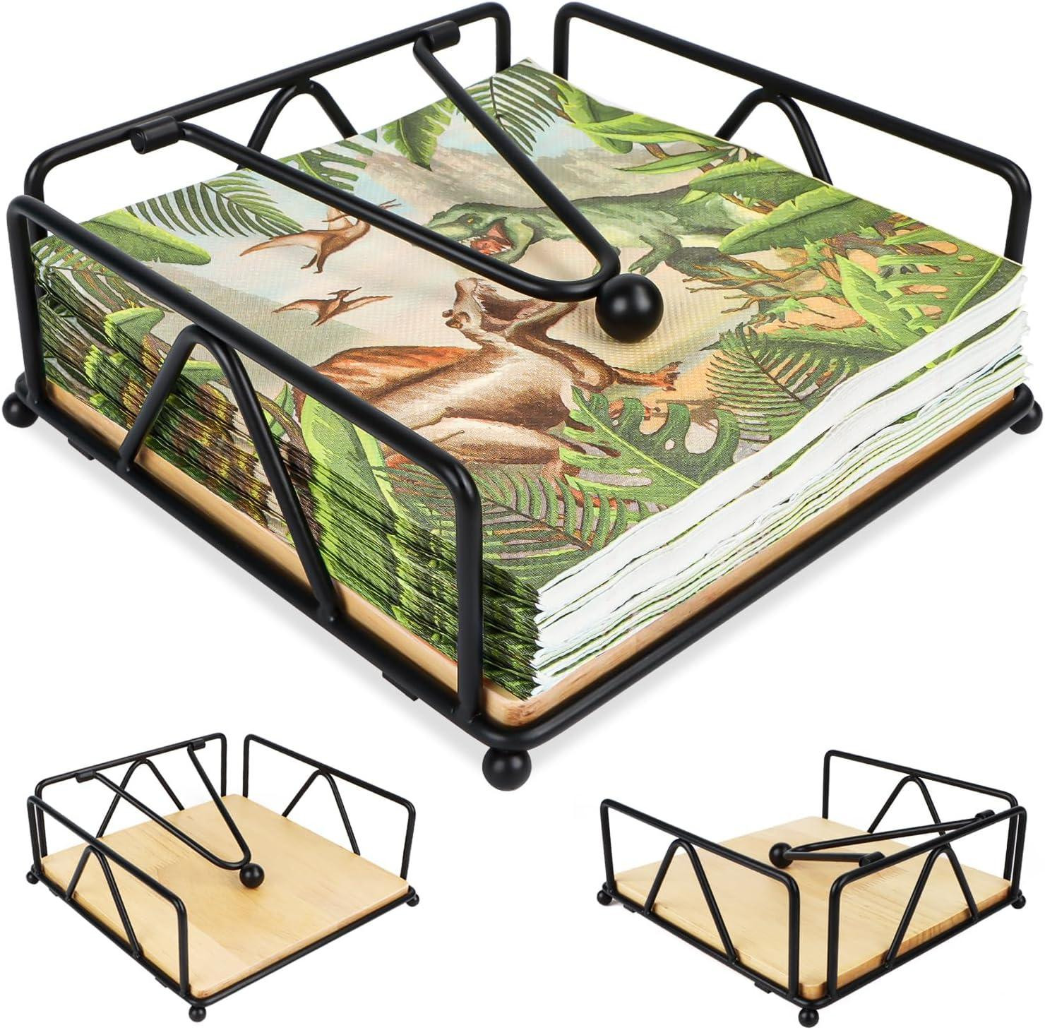 Zwarte servetdispenser met houten voet van metaal
