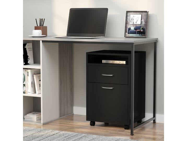 HOMCOM Caisson Bureau Roulettes Noir avec Tiroir et Placard