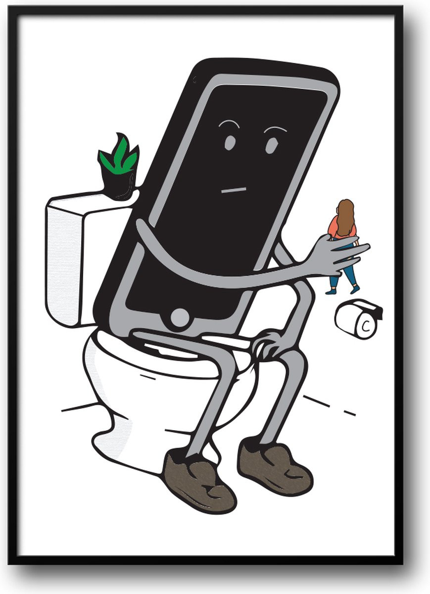 Grappige fotolijst met glazen plaat en ophangsysteem - Telefoon op de wc - 30 x 40 cm