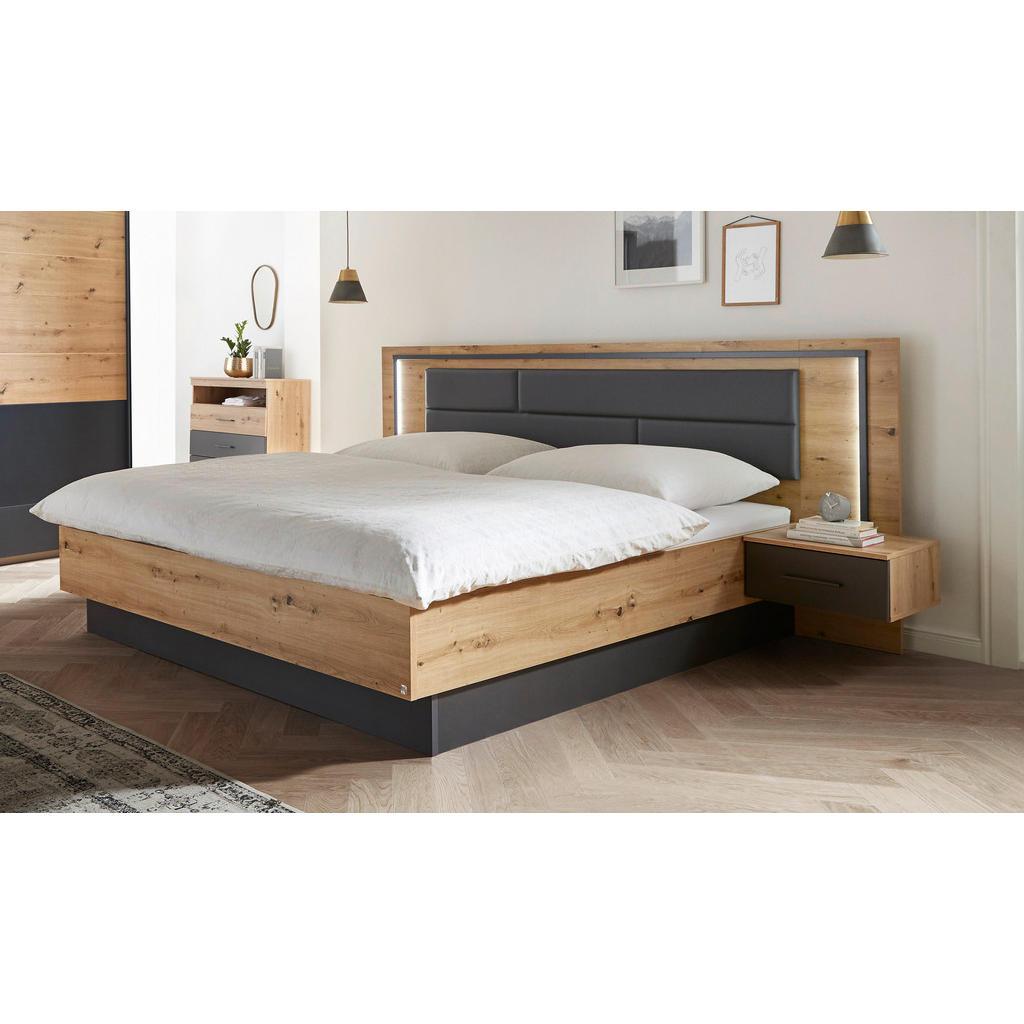 Rauch Möbel Bettanlage , Grau, Eiche Artisan , Textil, Holzwerkstoff , 180x200 cm , Blauer Engel, Goldenes M, Made in Germany , Beleuchtung, Lattenrosthöhe individuell einstellbar, In verschiedenen Grössen erhältlich,hängend , Schlafzimmer, Bett, Bettanlagen