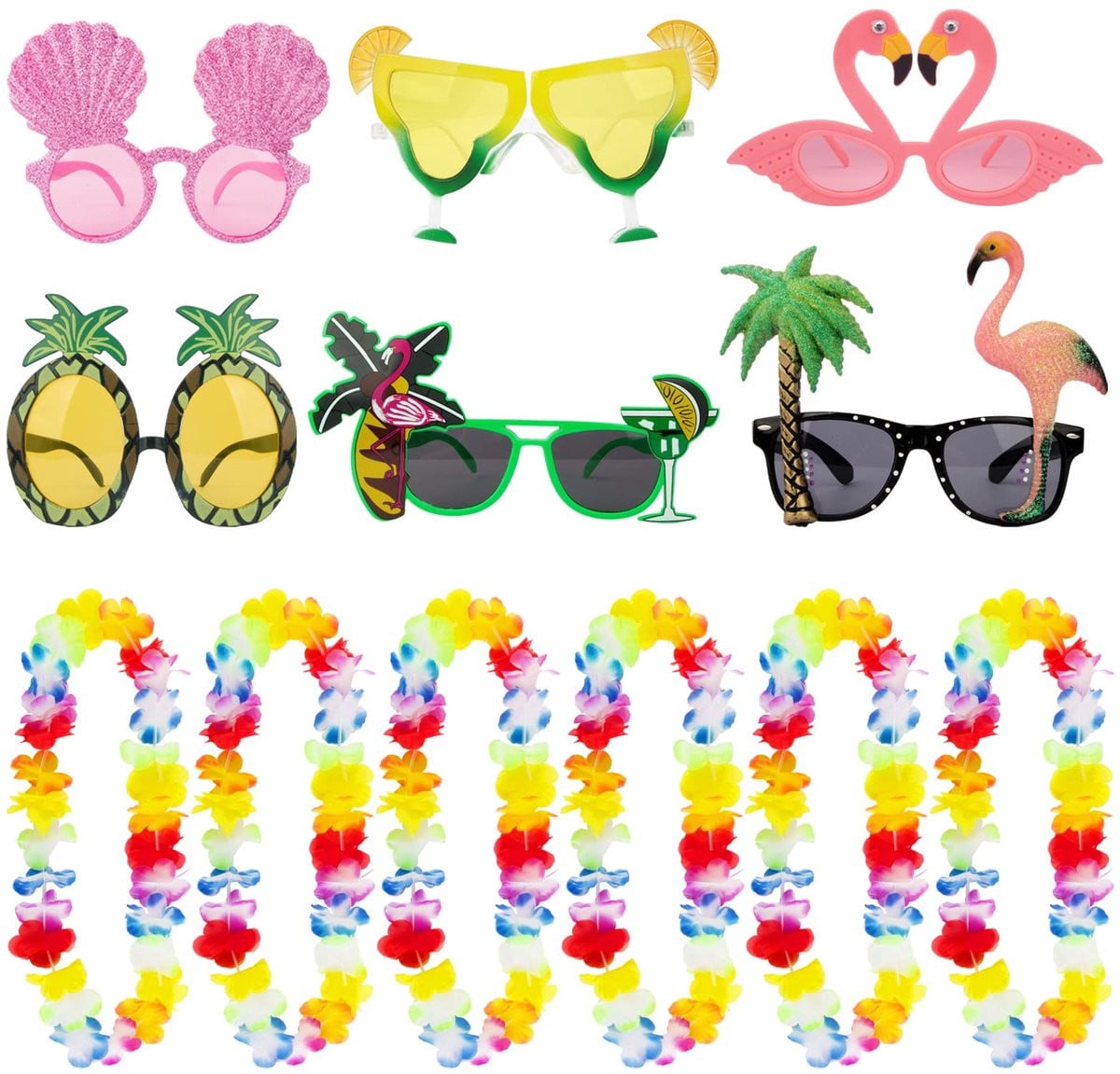 Selbro 6 stuks Hawaiiaanse slingers en bloemen met 6 Hawaiiaanse glazen voor feestdecoratie