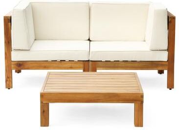 Brava Outdoor 2-Seater Sectional Acacia Wood Loveseat Set with Coffee Table and Cushions by Christopher Knight Home