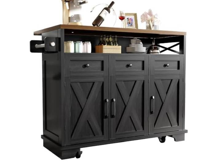 Ropilly Kücheninsel mit Stauraum, MDF mit Holzmaserung, schwarz Küchenwagen mit Rädern, drei Schubladen, Klappplatte und flexiblem Stauraum für Küche und Essbereich