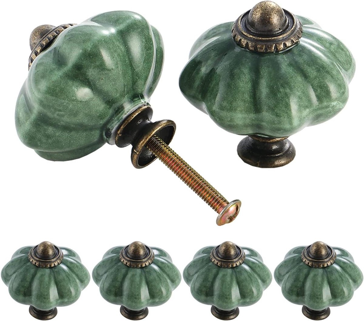 Set van 12 groene keramische kastknoppen in pompoenvorm voor het vernieuwen van meubels