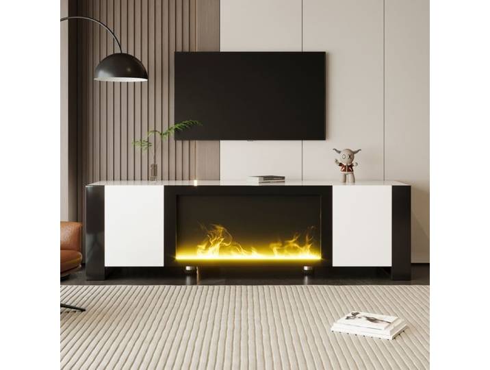 Meuble TV meuble bas avec cheminée électrique à effet flammes sans fonction chauffante finition brillante meuble TV assorti