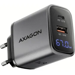 Axagon ACU-PQ67D, GaN nabíječka do sítě 67W, výstup USB-A + USB-C, PD3.0/PPS/QC4+/SFC2.0/Apple, LCD (67 W, 2 Ports), USB Ladegerät, Schwarz, Grau