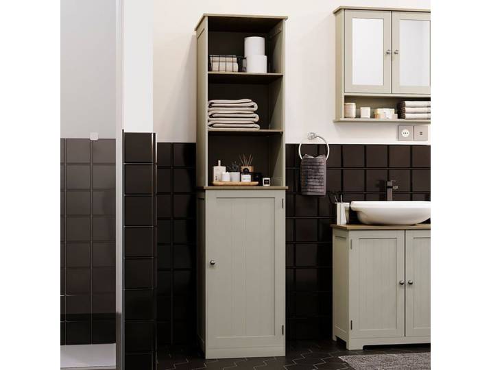 Priano Armoire Haute Autoportante 1 Porte Colonne avec 2 Étagères Gris & Chêne